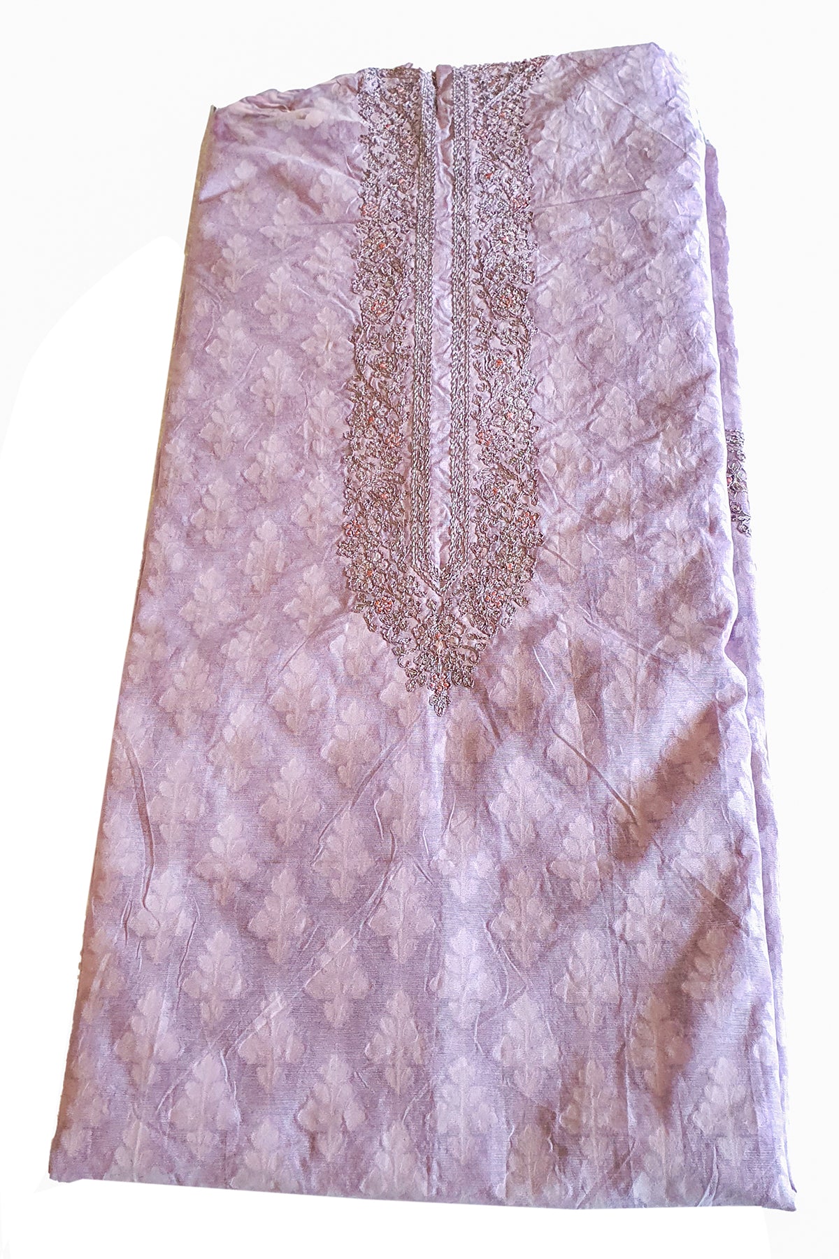 Mauve Cotton Self Weave Neck Embroidered Suit Set