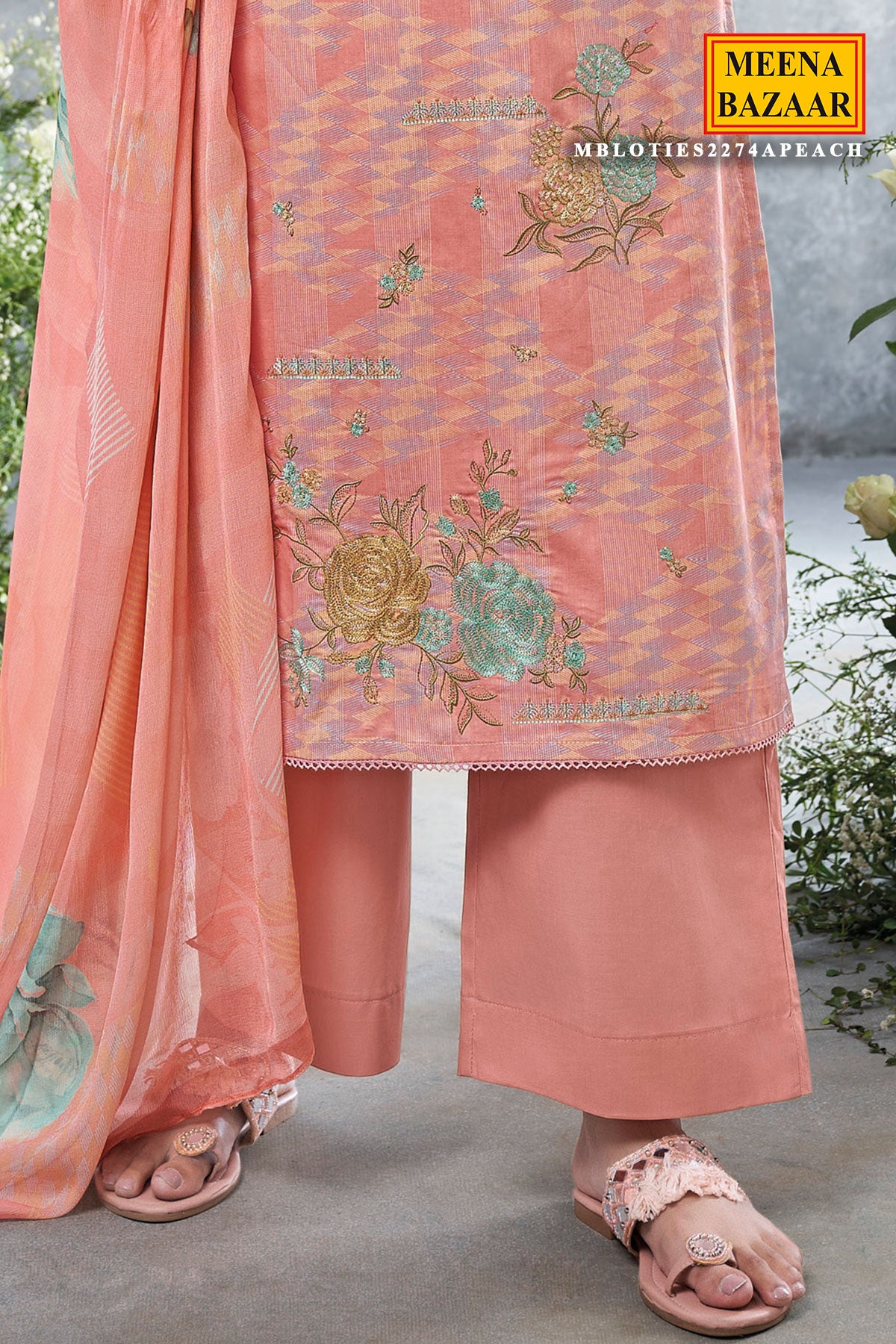 Peach Cotton Printed Neck Embroidered Unstitched Suit