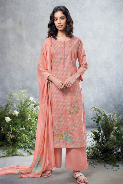 Peach Cotton Printed Neck Embroidered Unstitched Suit