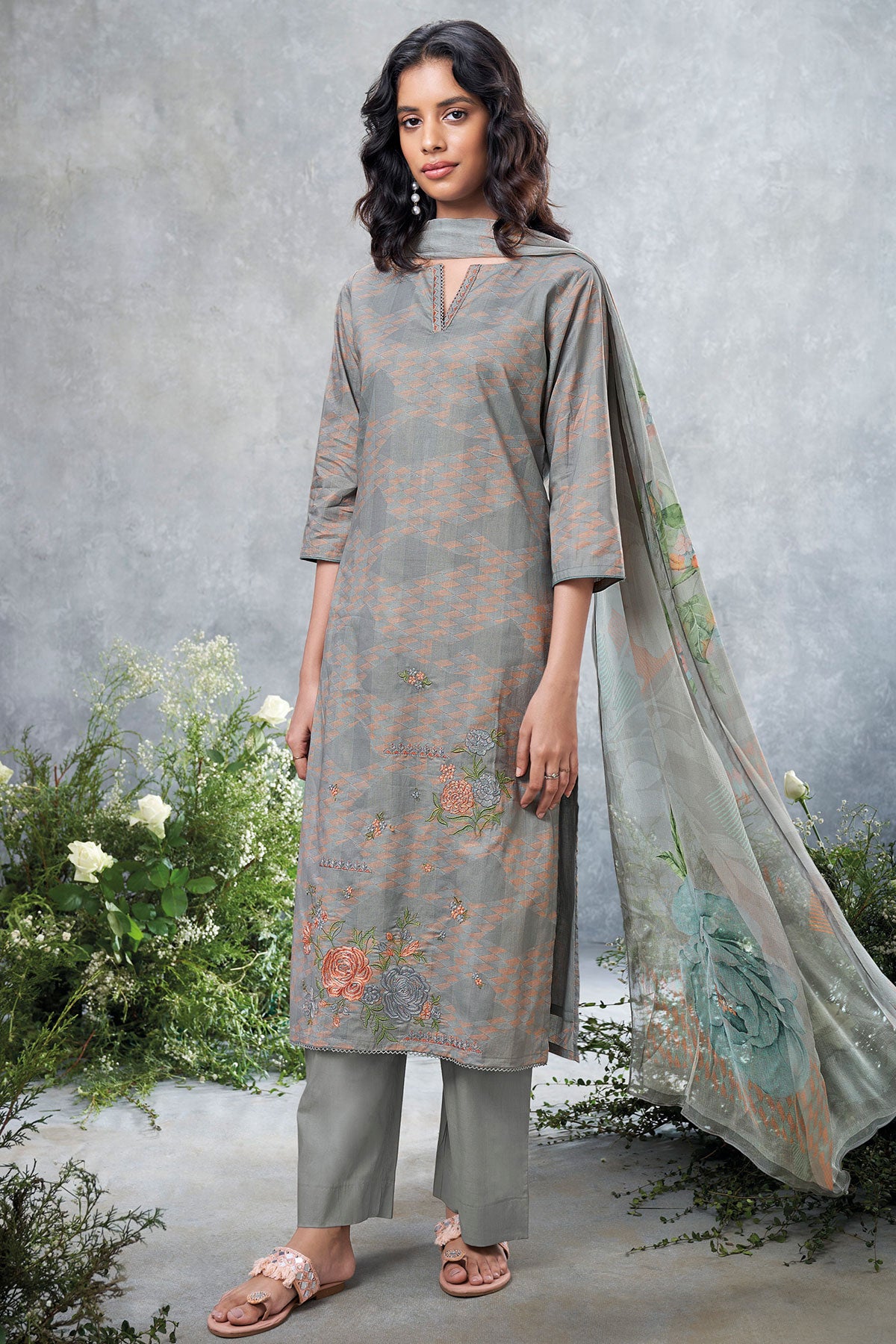 Grey Cotton Printed Neck Embroidered Unstitched Suit