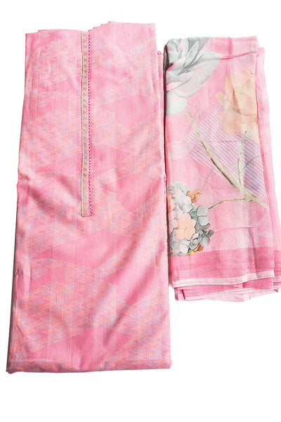 Pink Cotton Printed Neck Embroidered Unstitched Suit