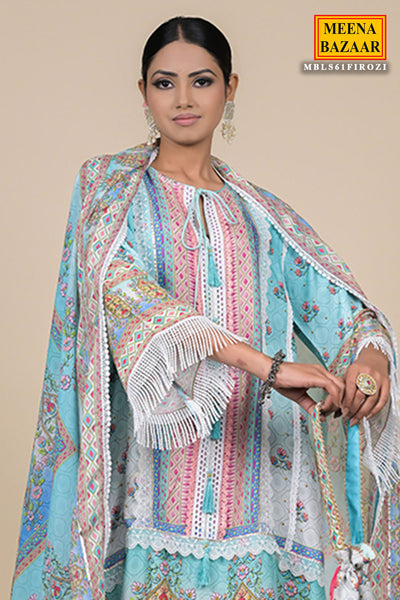 Firozi Muslin Printed Embroidered Suit With Palazzo