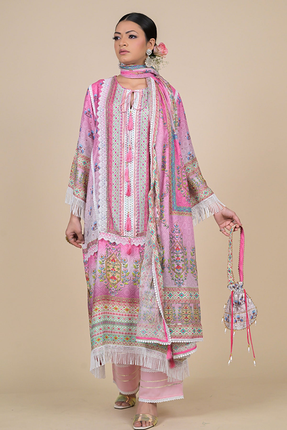 Multicolored Muslin Printed Embroidered Suit With Palazzo