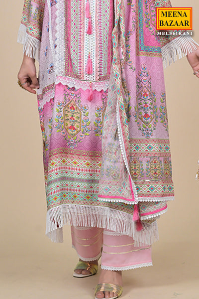 Multicolored Muslin Printed Embroidered Suit With Palazzo