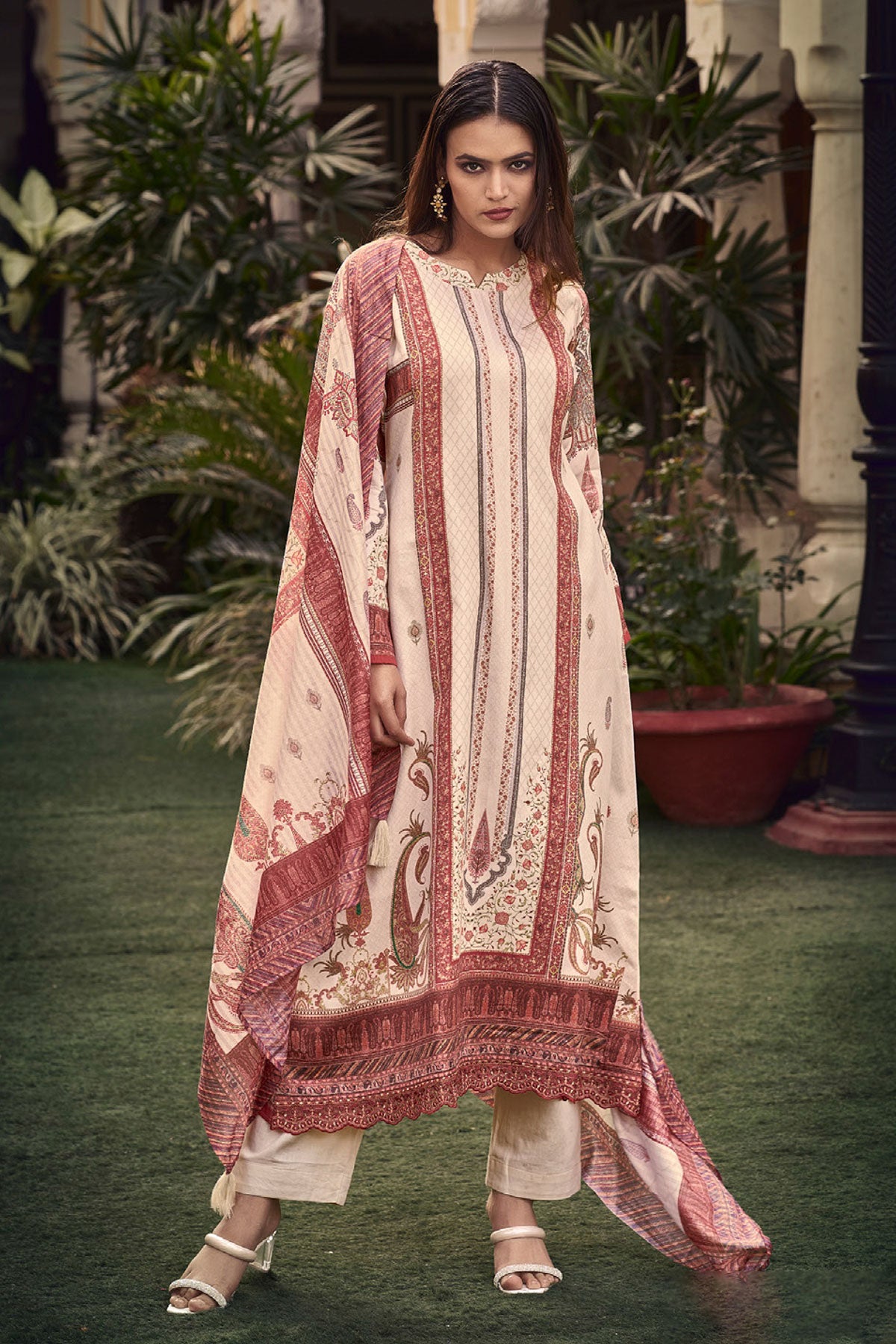 Cream Digital Printed Muslin Suit Set