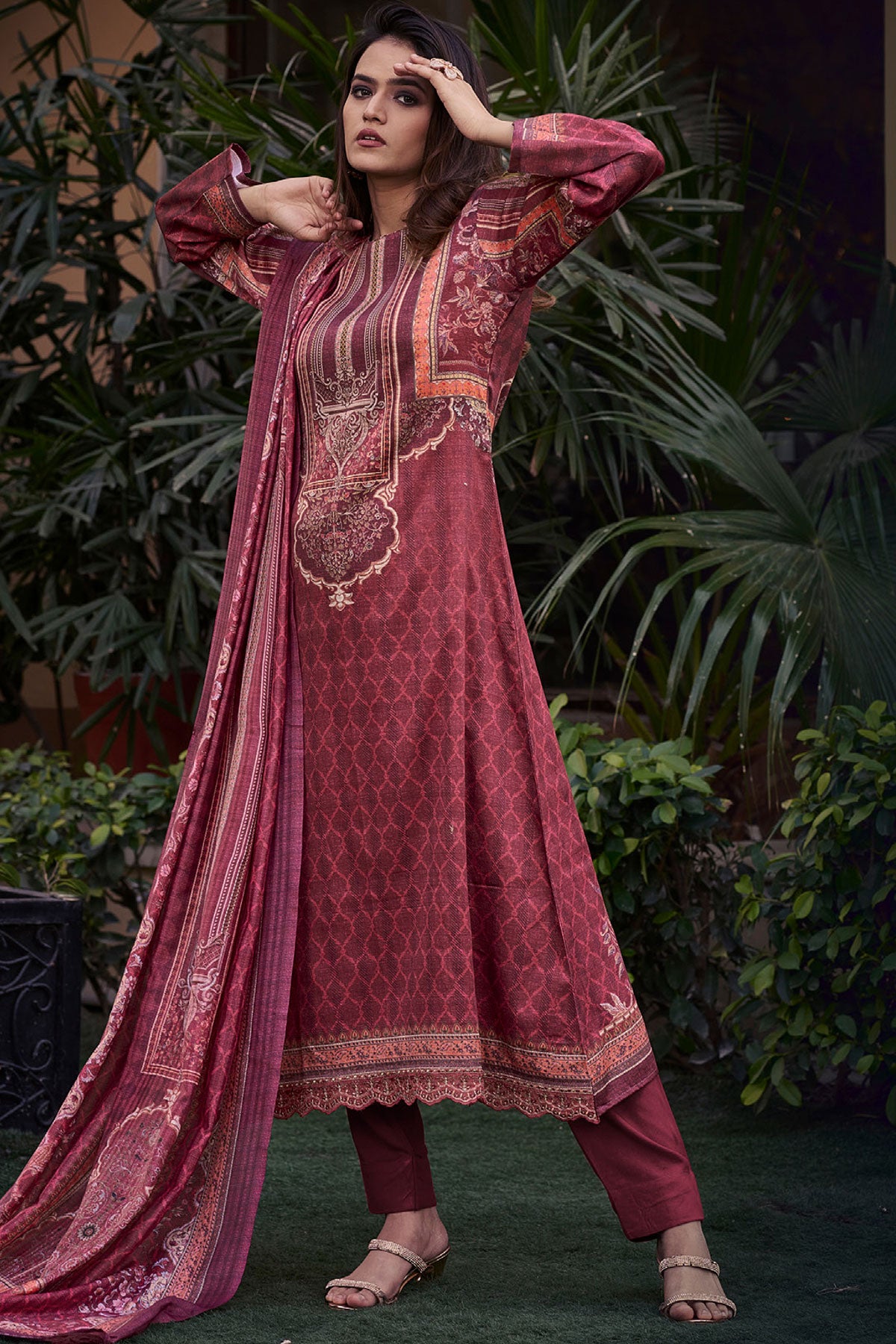 Maroon Digital Printed Muslin Suit Set