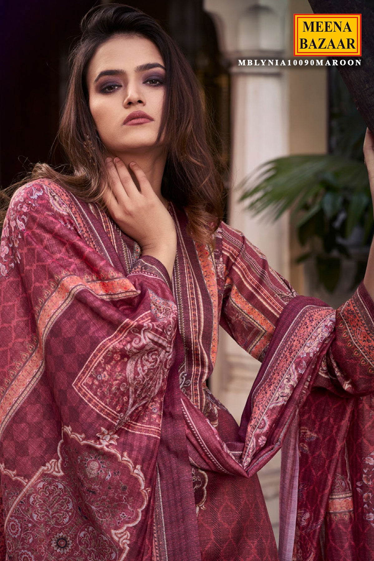 Maroon Digital Printed Muslin Suit Set