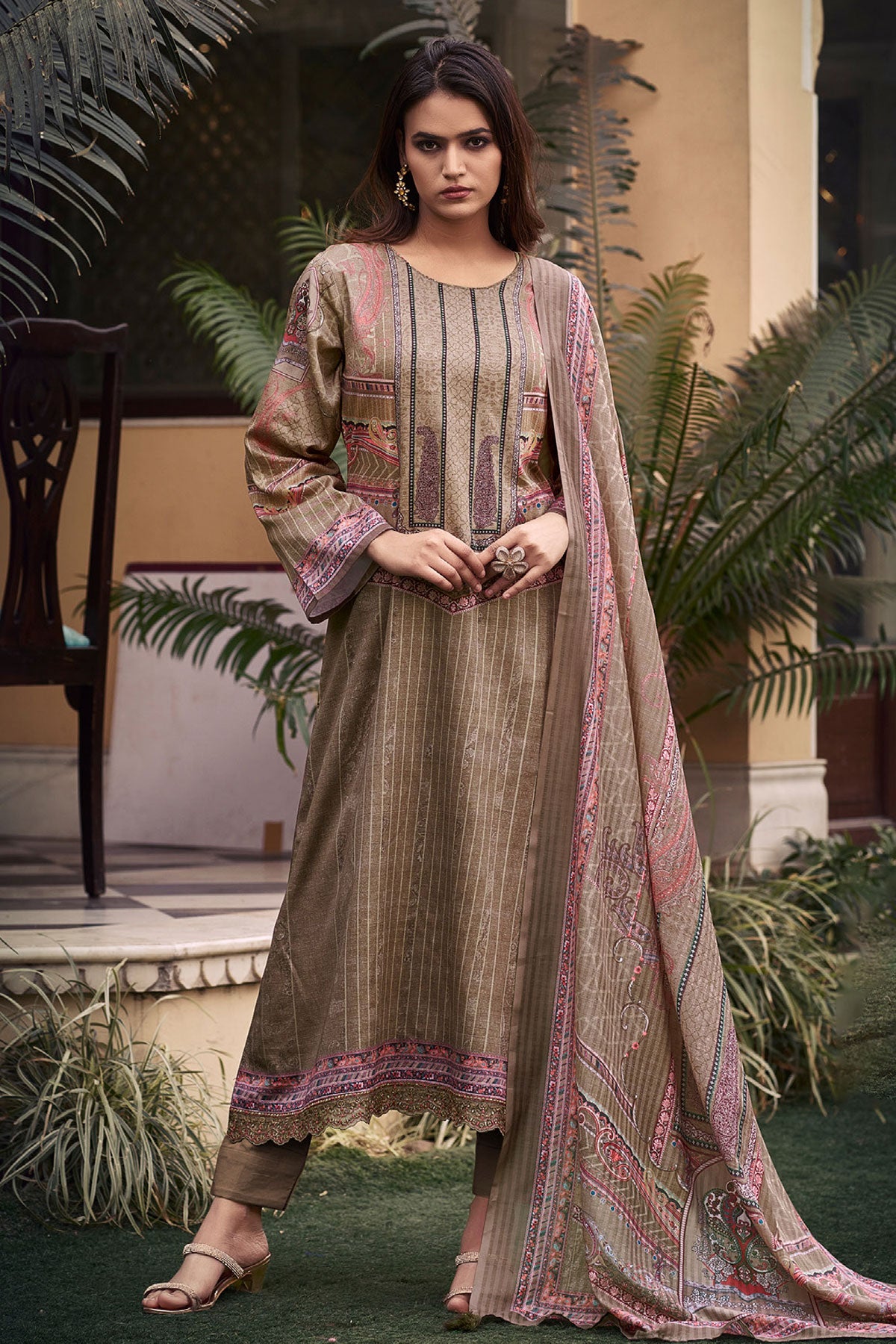 Brown Digital Printed Muslin Suit Set