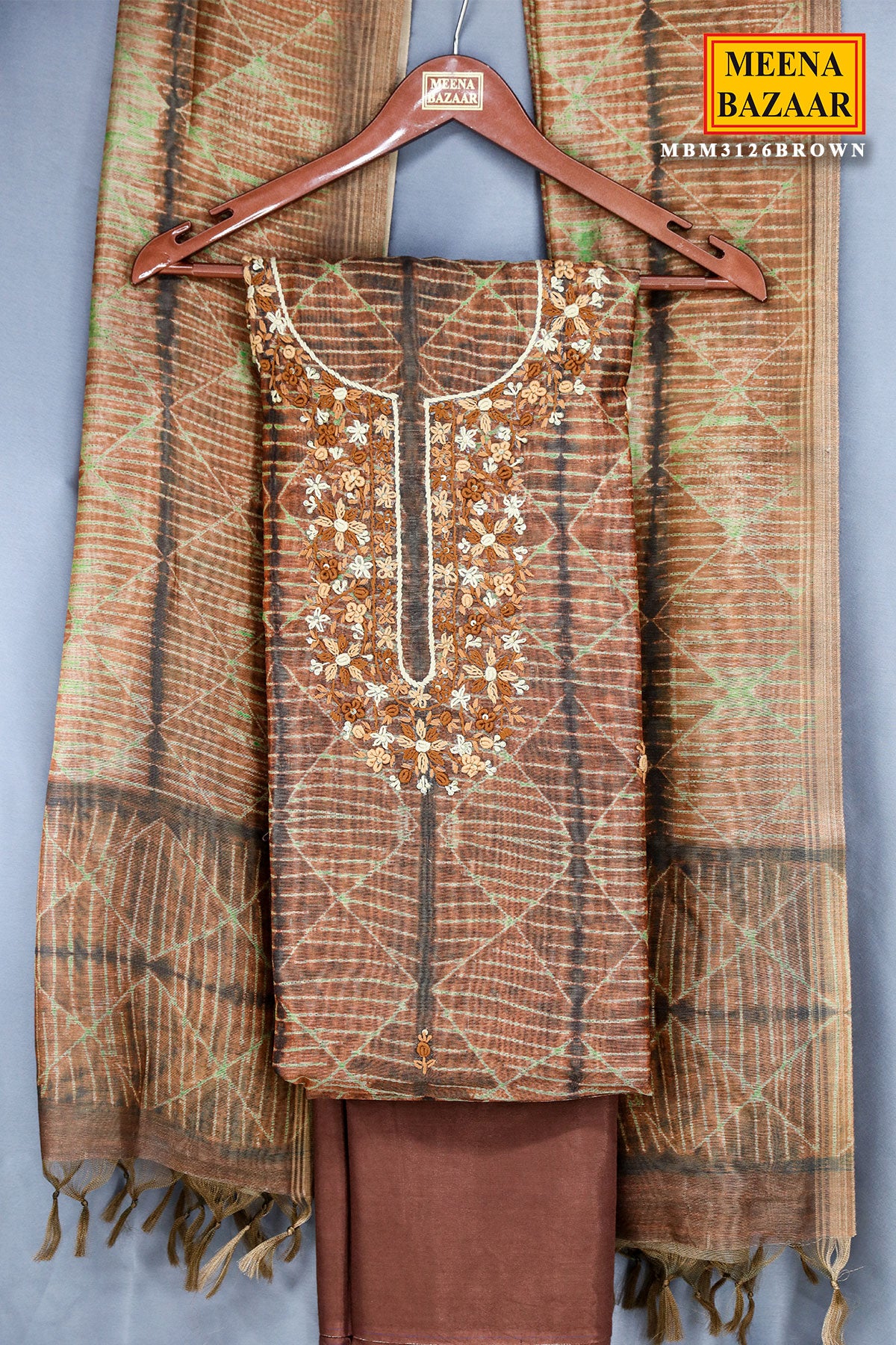 Brown Floral Thread Embroidered Chanderi Suit Set