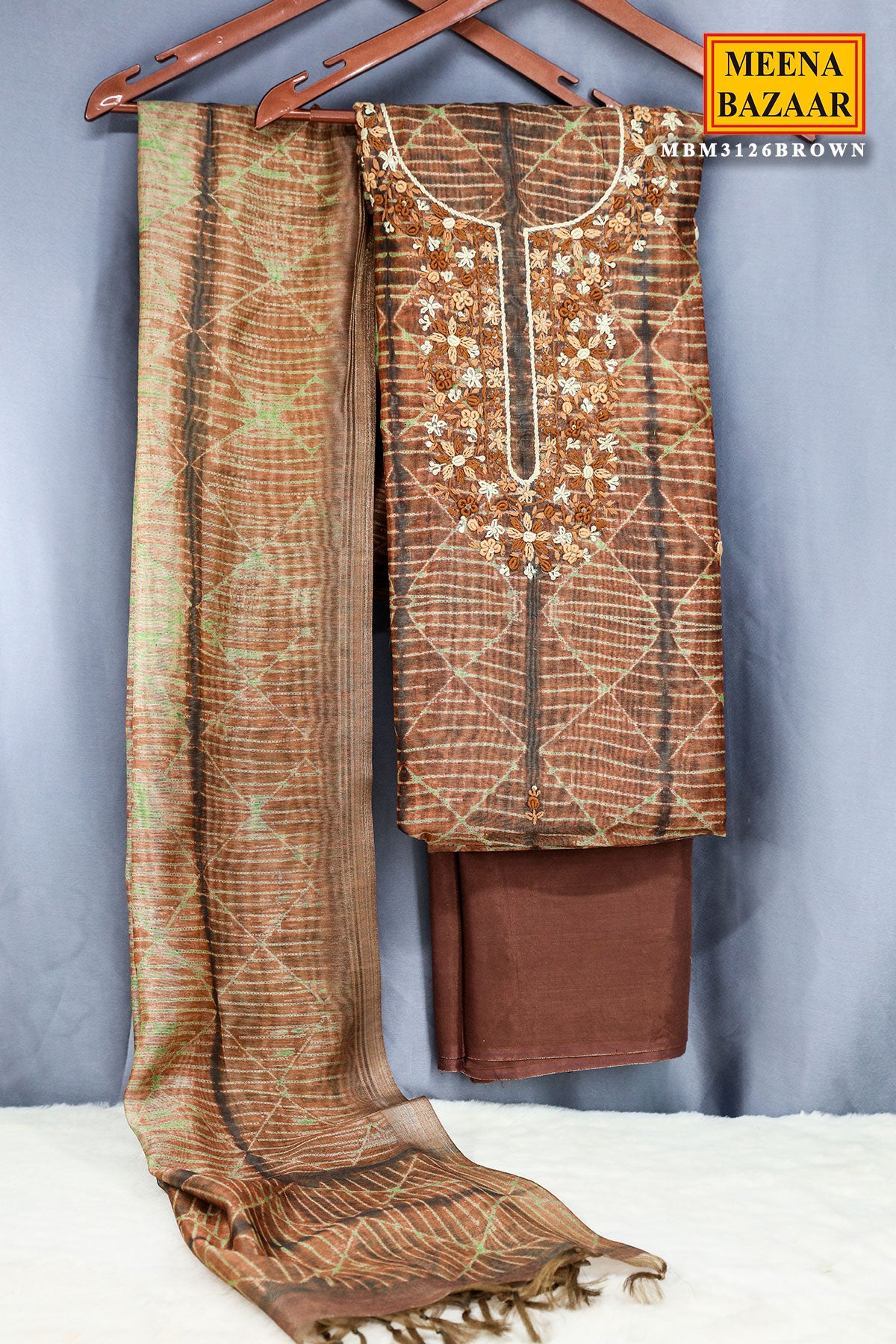 Brown Floral Thread Embroidered Chanderi Suit Set