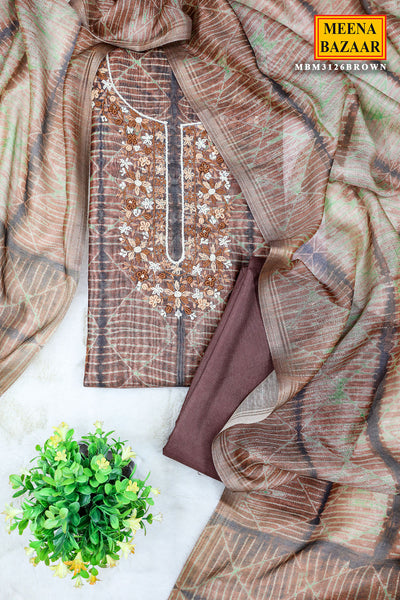 Brown Floral Thread Embroidered Chanderi Suit Set