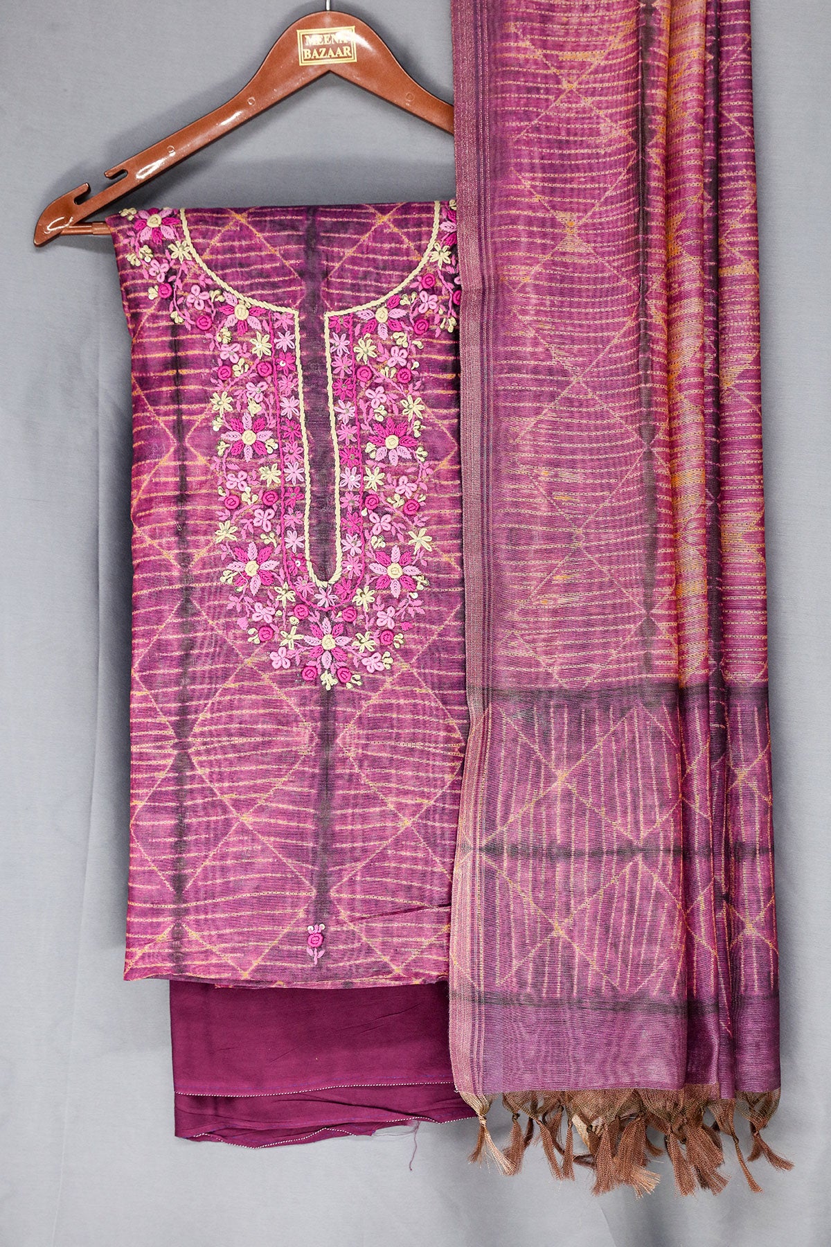 Wine Floral Thread Embroidered Chanderi Suit Set