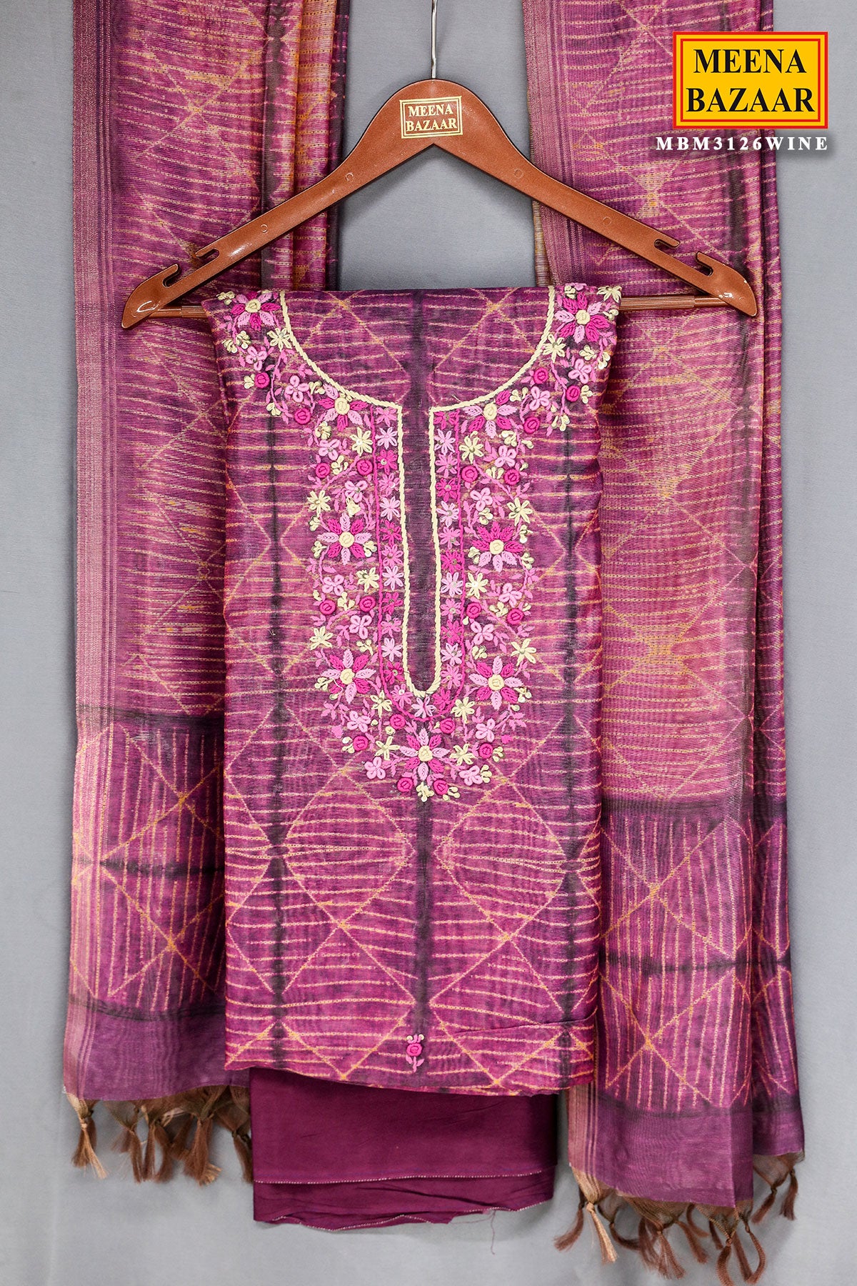 Wine Floral Thread Embroidered Chanderi Suit Set