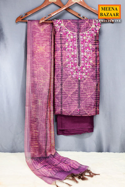 Wine Floral Thread Embroidered Chanderi Suit Set