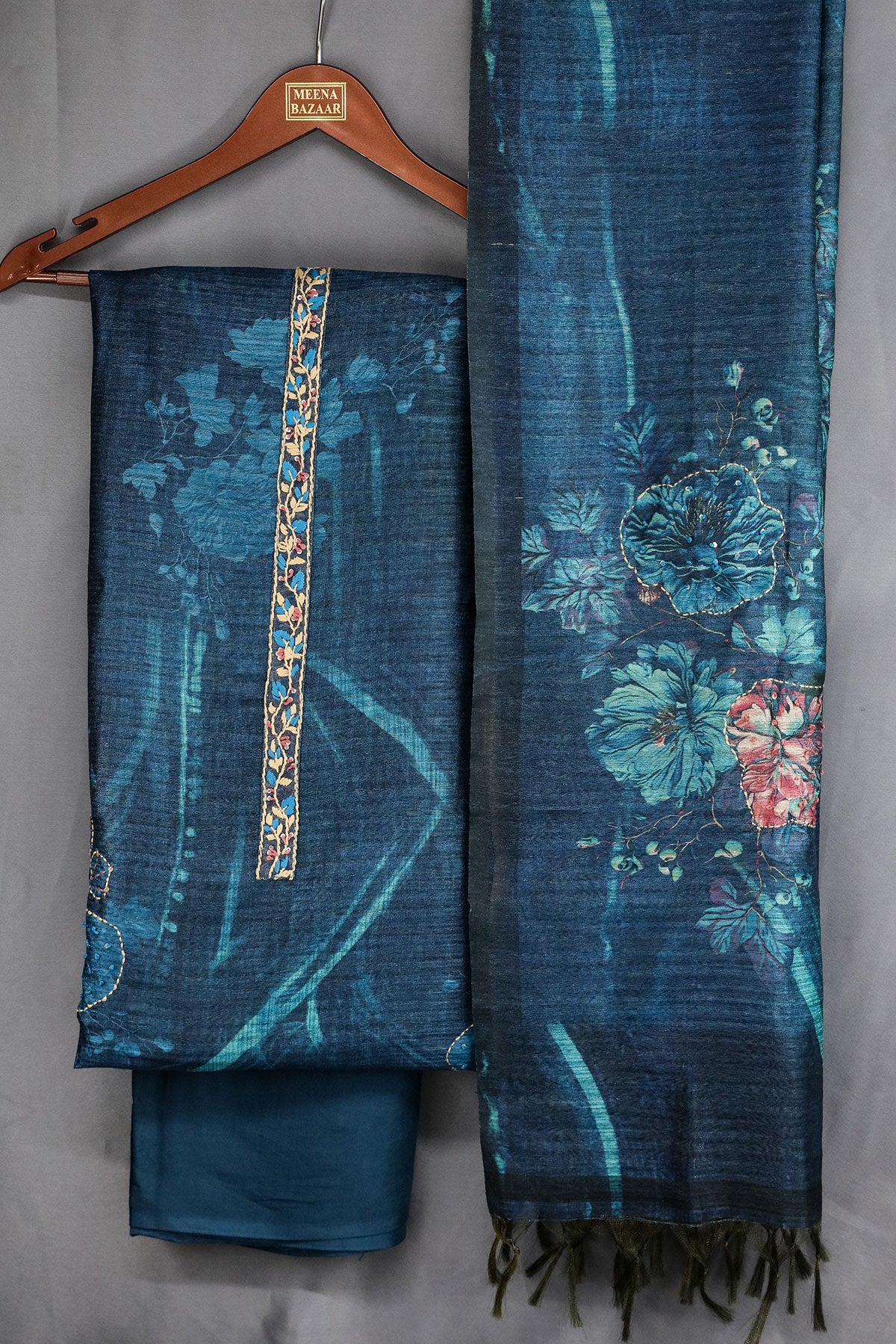 Blue Tussar Silk Sequins and Thread Embroidered Printed Suit Set