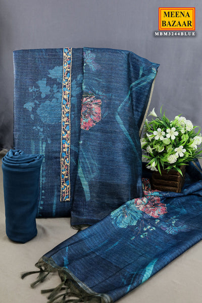 Blue Tussar Silk Sequins and Thread Embroidered Printed Suit Set