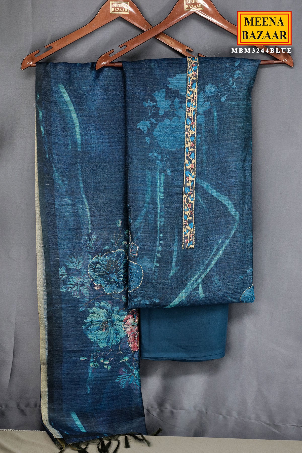 Blue Tussar Silk Sequins and Thread Embroidered Printed Suit Set