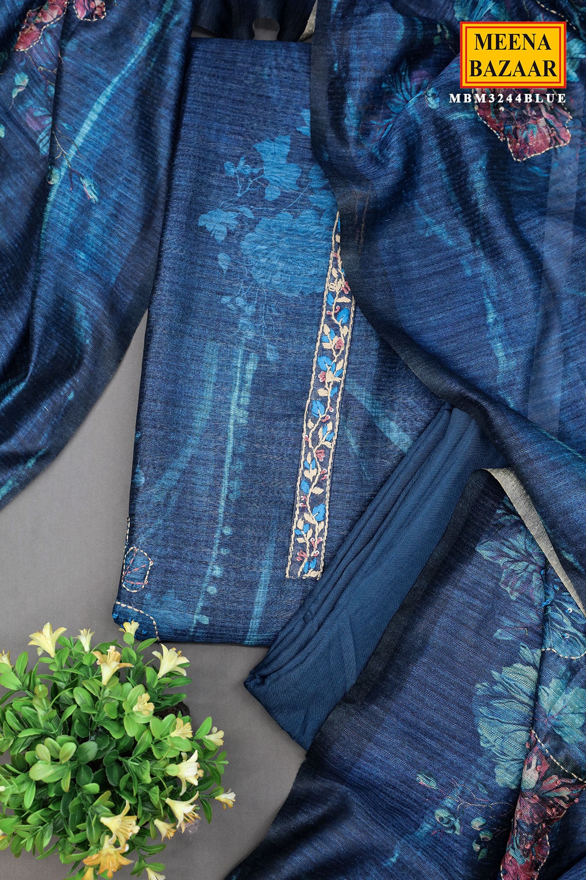 Blue Tussar Silk Sequins and Thread Embroidered Printed Suit Set