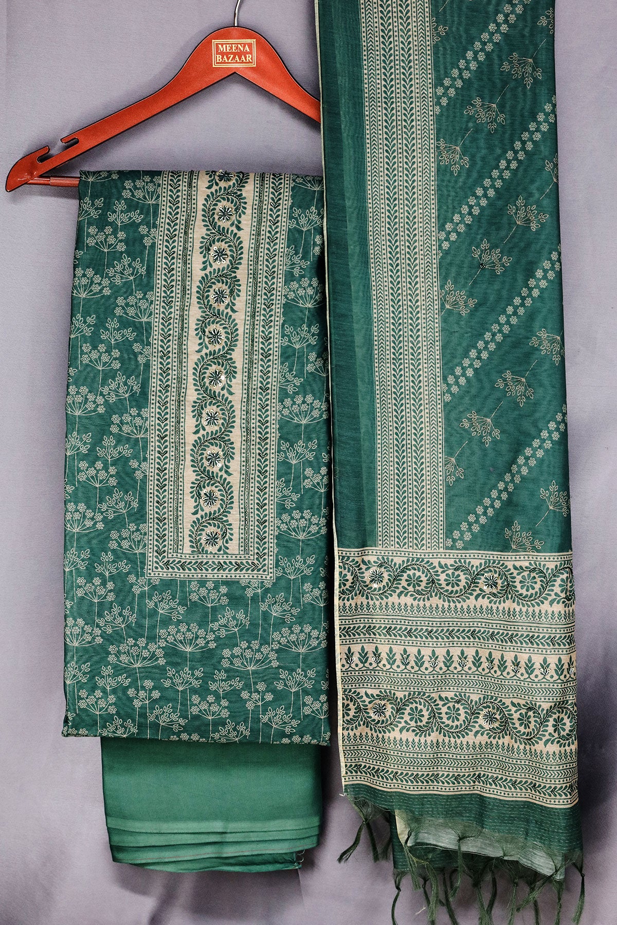 Rama Green Chanderi Silk Printed With Cut-Dana  Embroidery Suit Set