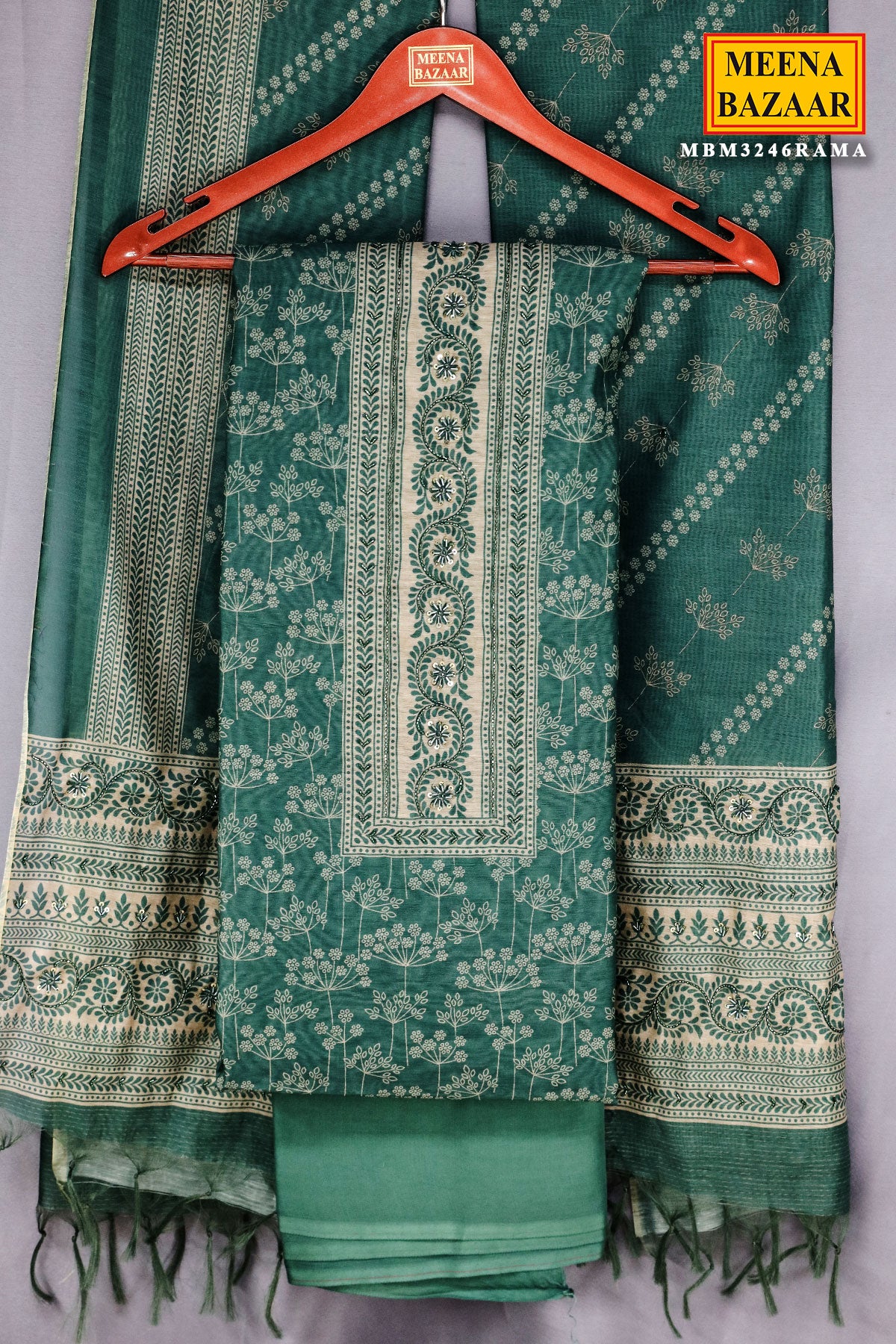 Rama Green Chanderi Silk Printed With Cut-Dana  Embroidery Suit Set