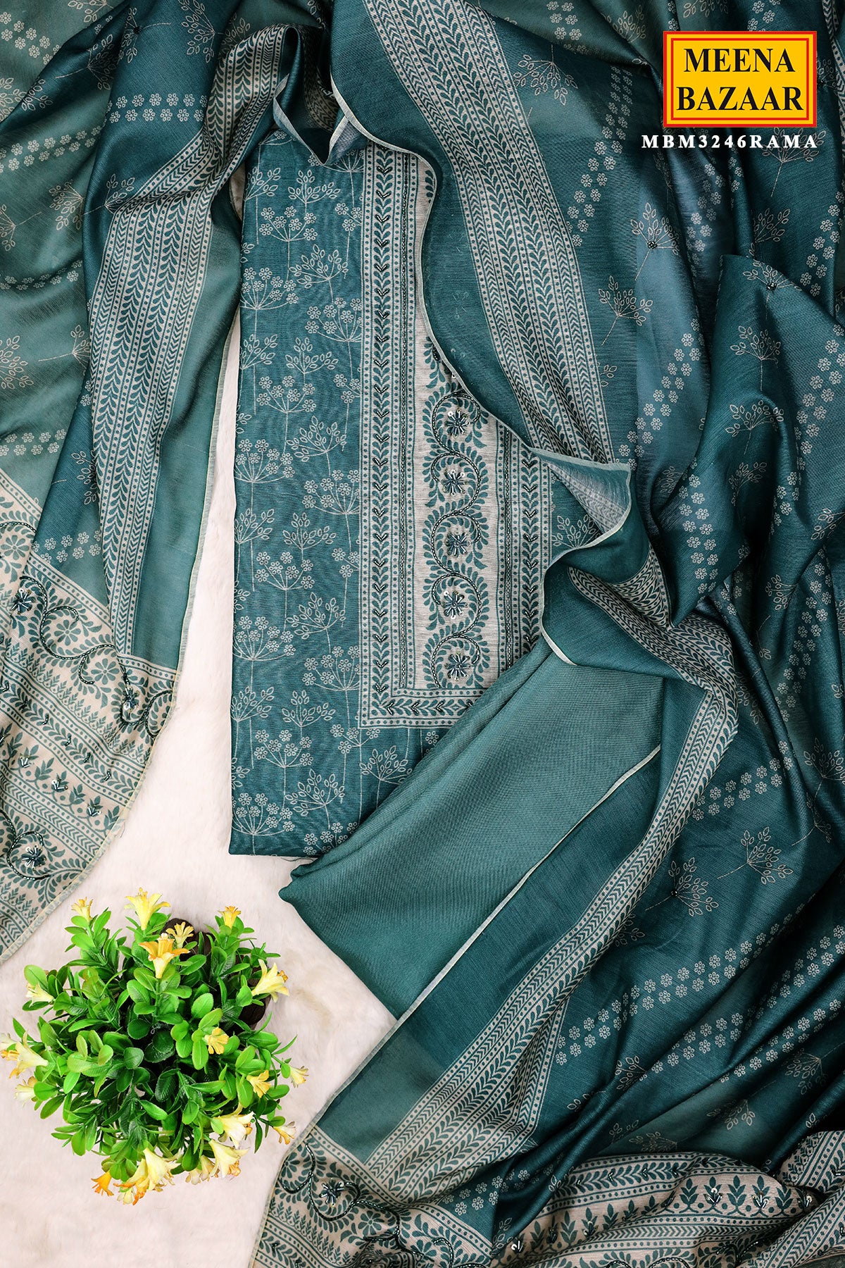 Rama Green Chanderi Silk Printed With Cut-Dana  Embroidery Suit Set