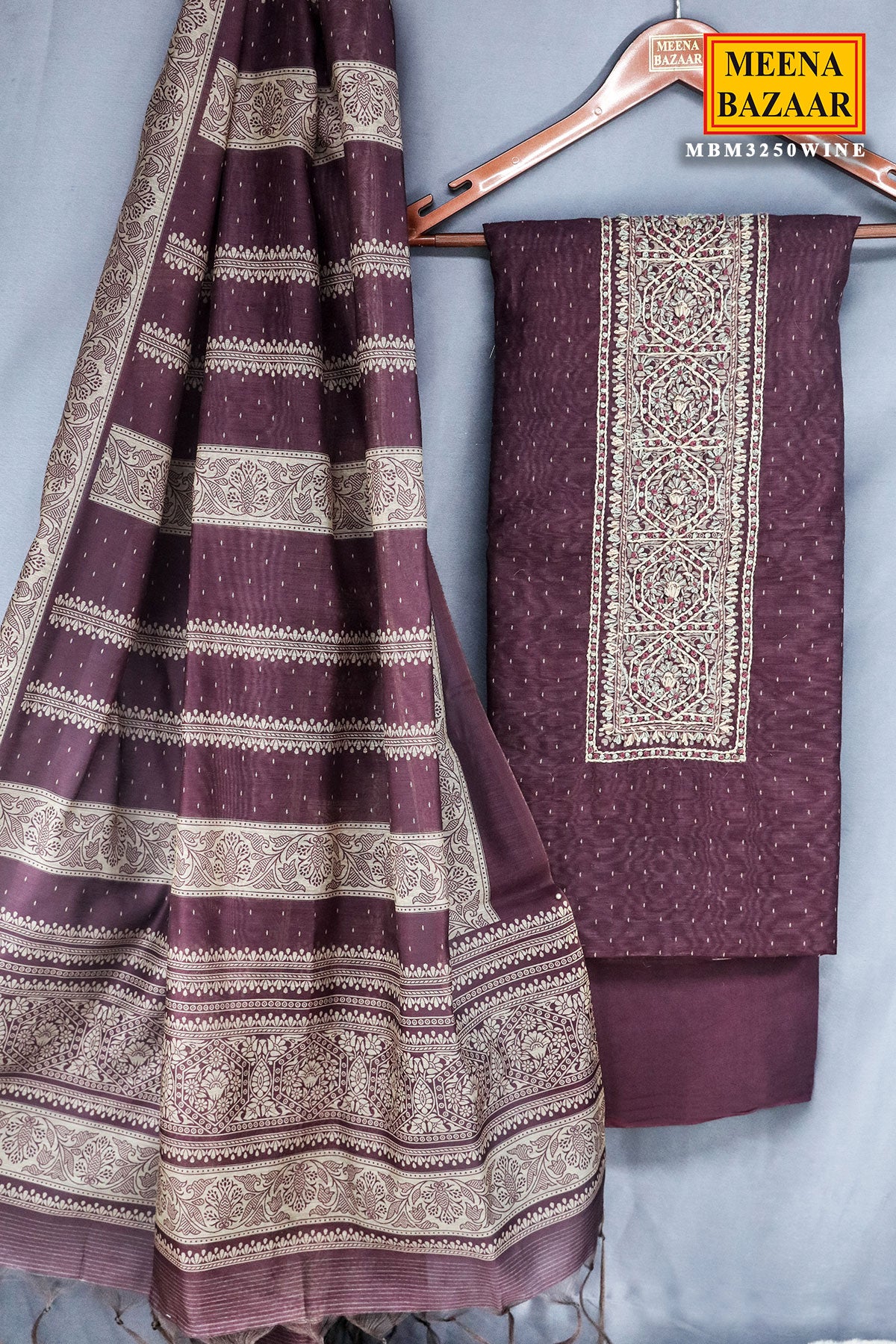 Wine Thread Embroidered Chanderi Unstitched Suit Set