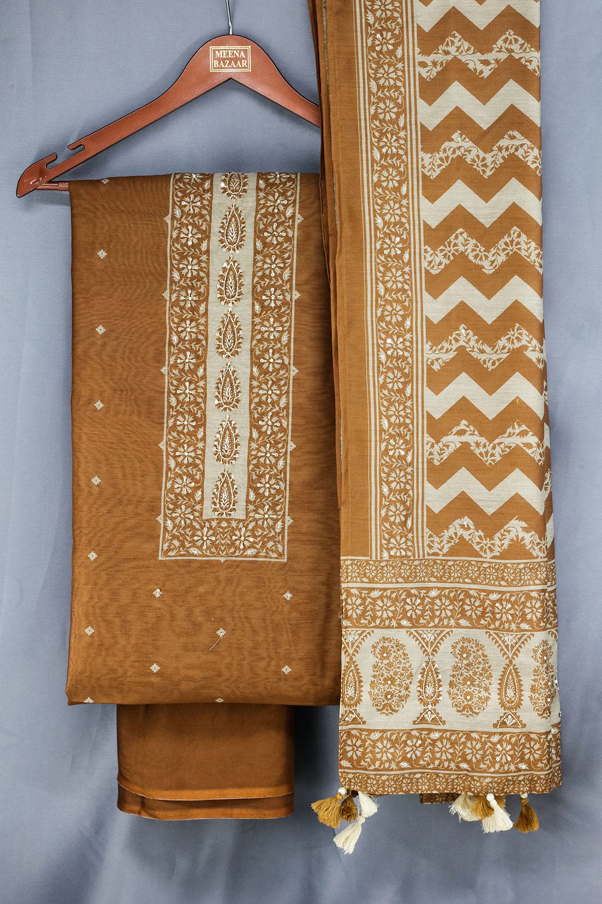 Brown Chanderi Silk Printed With Cut-Dana  Embroidery Suit Set