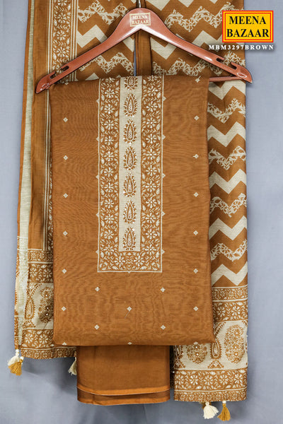 Brown Chanderi Silk Printed With Cut-Dana  Embroidery Suit Set