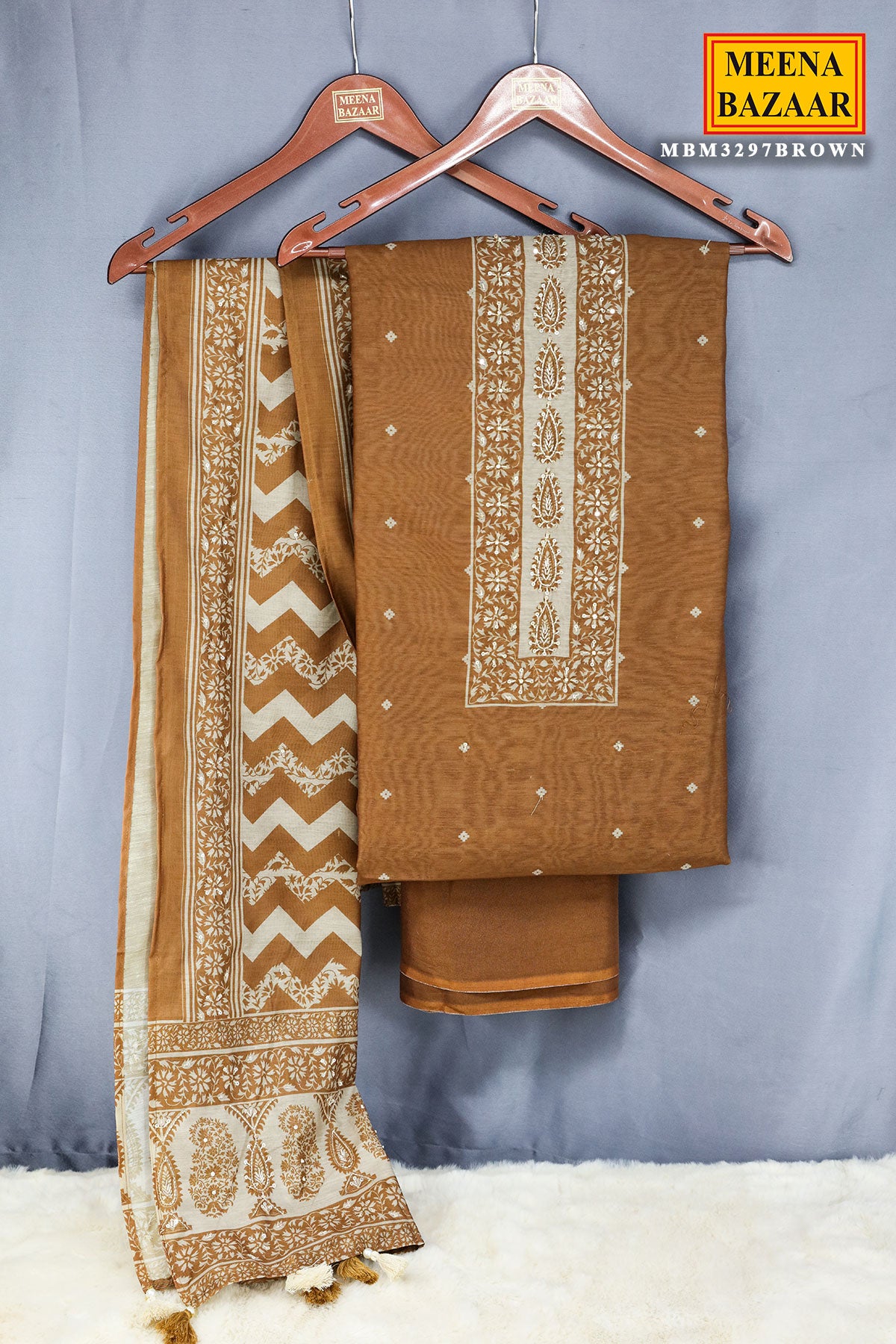 Brown Chanderi Silk Printed With Cut-Dana  Embroidery Suit Set