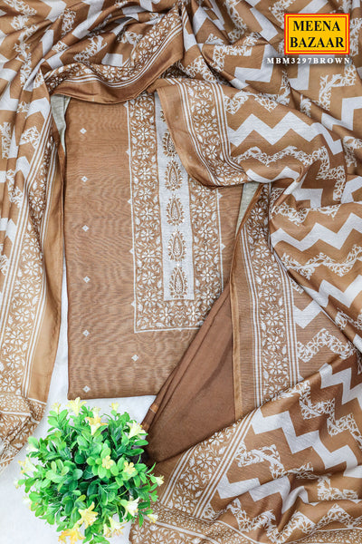 Brown Chanderi Silk Printed With Cut-Dana  Embroidery Suit Set