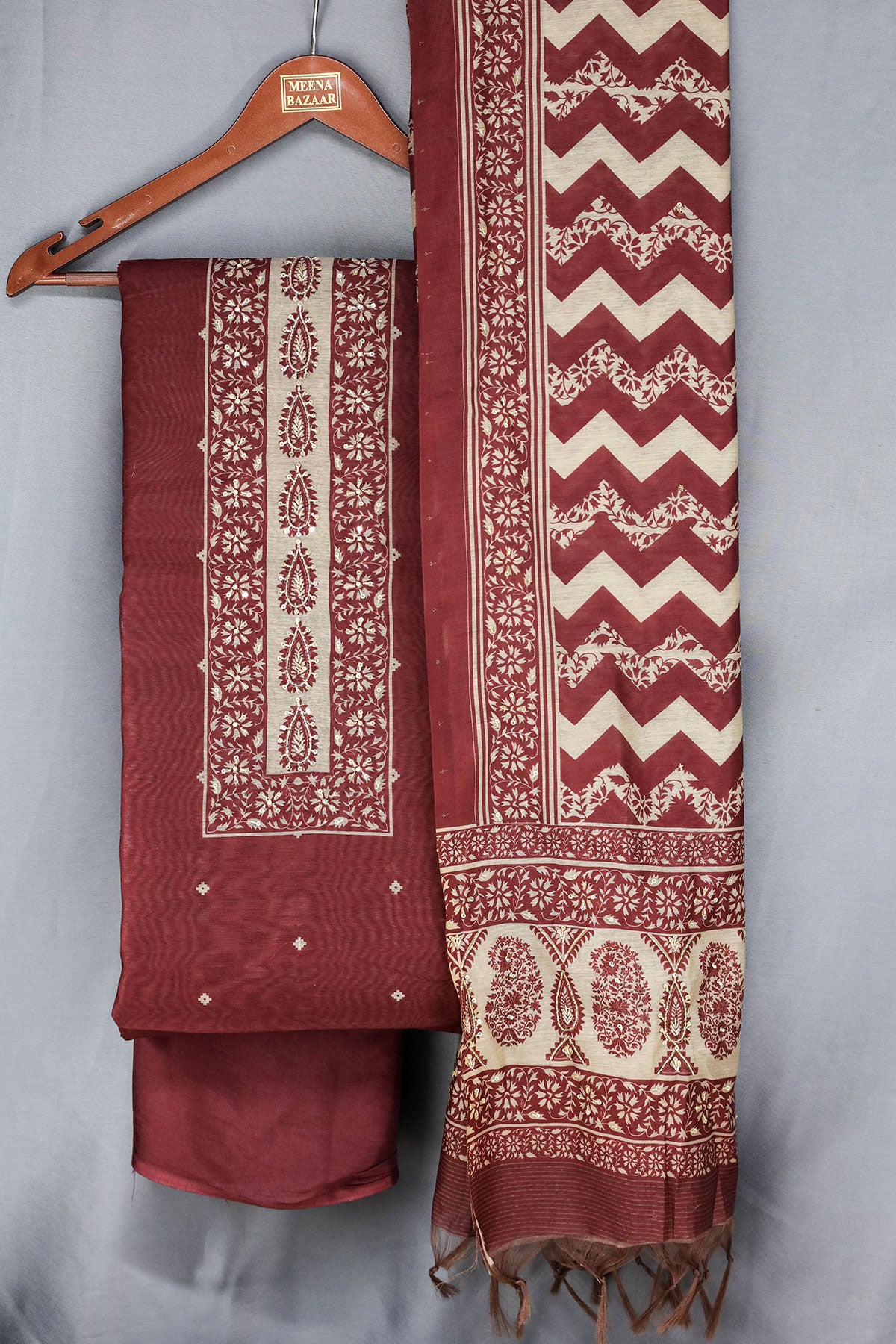 Wine Chanderi Silk Printed With Cut-Dana  Embroidery Suit Set