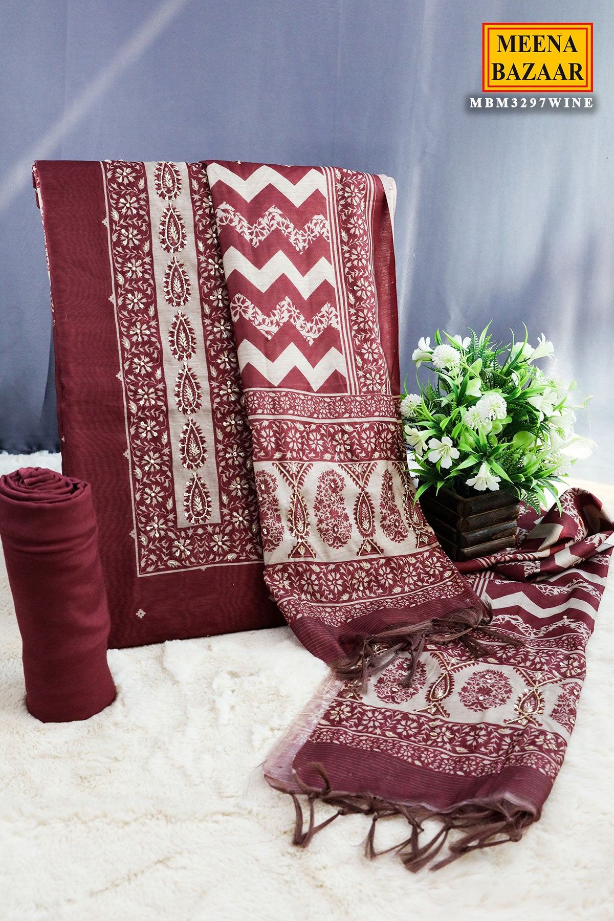 Wine Chanderi Silk Printed With Cut-Dana  Embroidery Suit Set