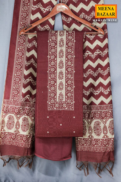 Wine Chanderi Silk Printed With Cut-Dana  Embroidery Suit Set