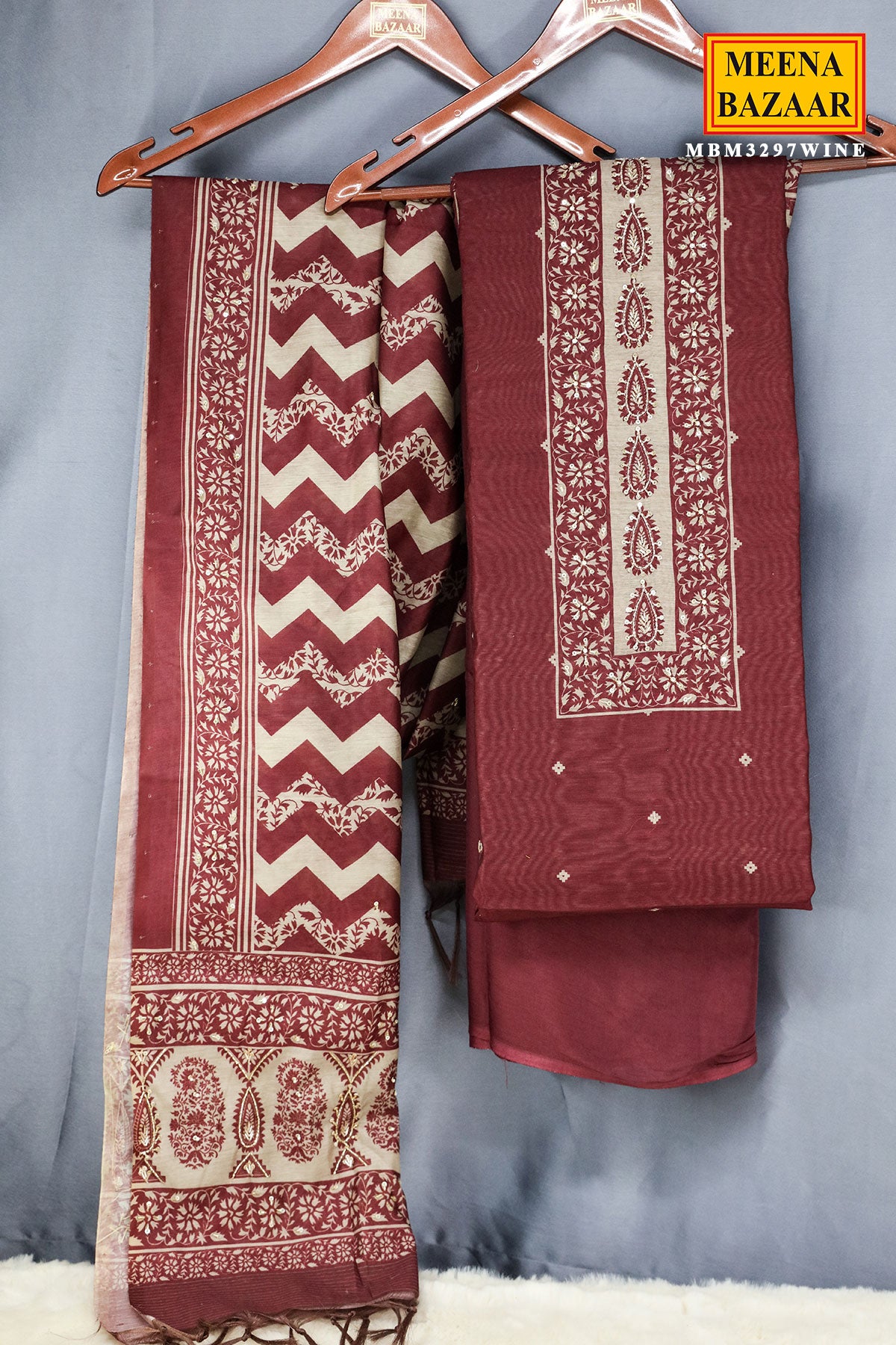 Wine Chanderi Silk Printed With Cut-Dana  Embroidery Suit Set