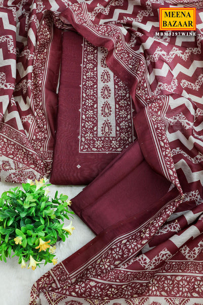 Wine Chanderi Silk Printed With Cut-Dana  Embroidery Suit Set