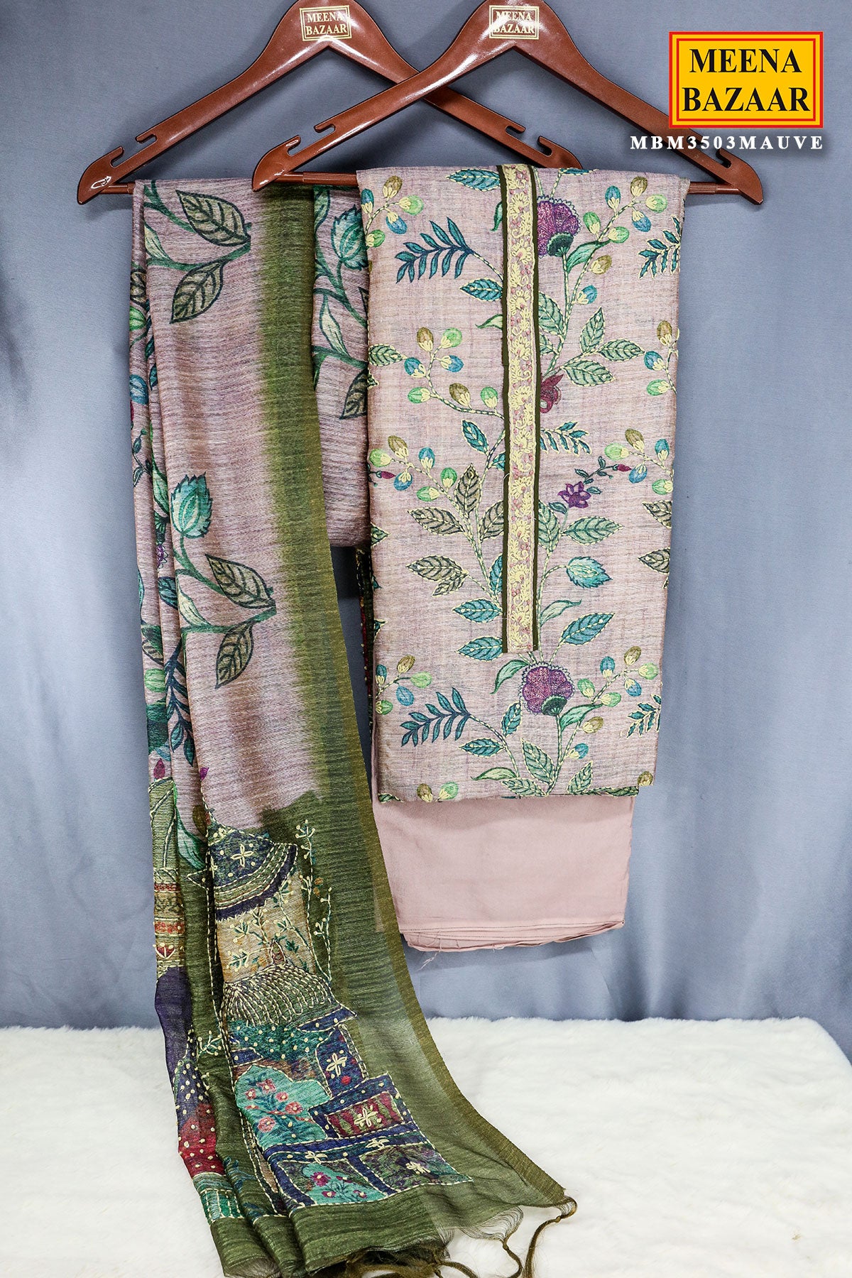 Mauve Silk Printed WIth Thread Work Unstitched Suit