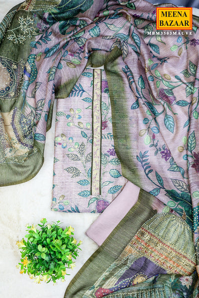 Mauve Silk Printed WIth Thread Work Unstitched Suit