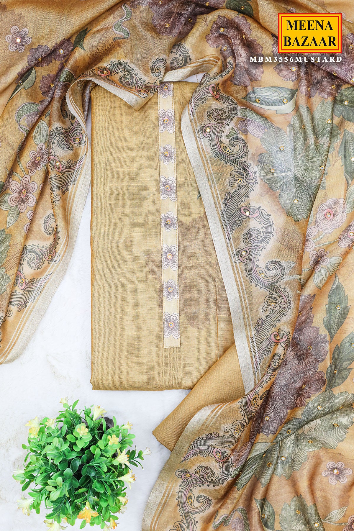 Mustard Organza Cotton Floral Printed Suit Set