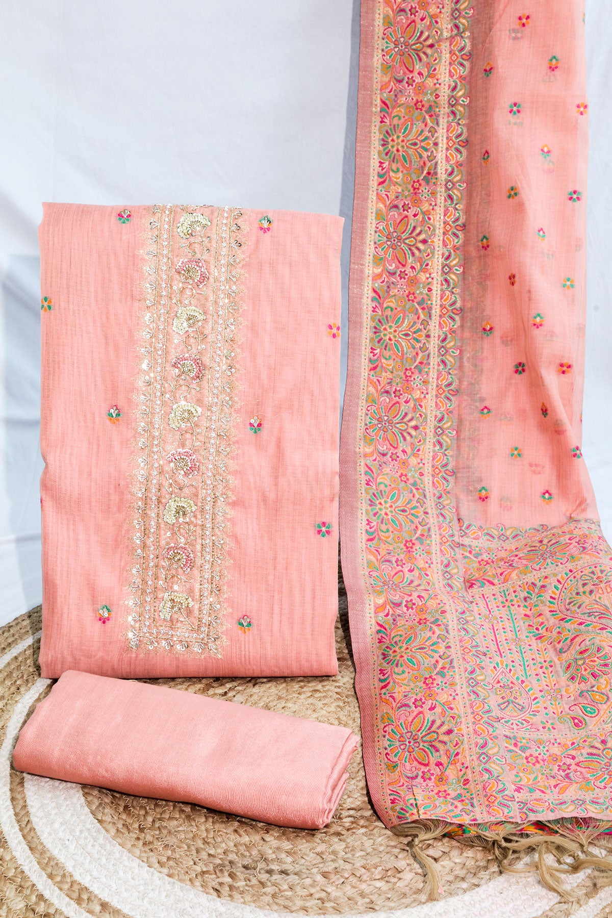 Graceful Peach Chanderi Embroidered Unstitched Suit