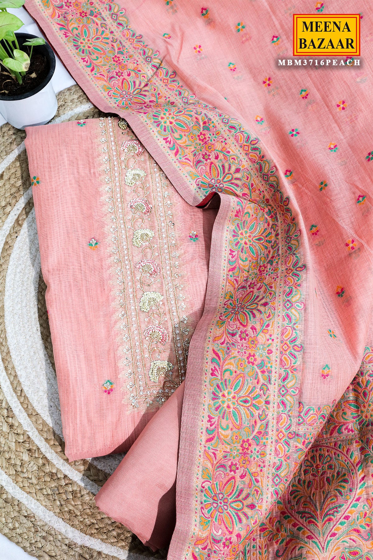 Graceful Peach Chanderi Embroidered Unstitched Suit
