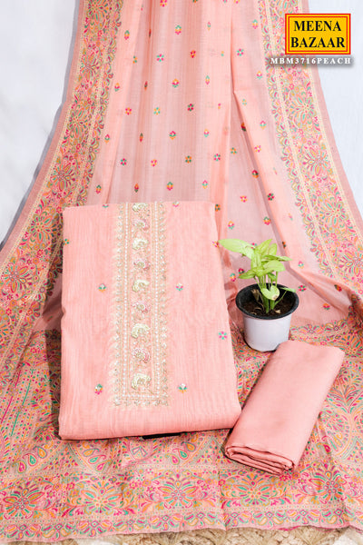 Graceful Peach Chanderi Embroidered Unstitched Suit