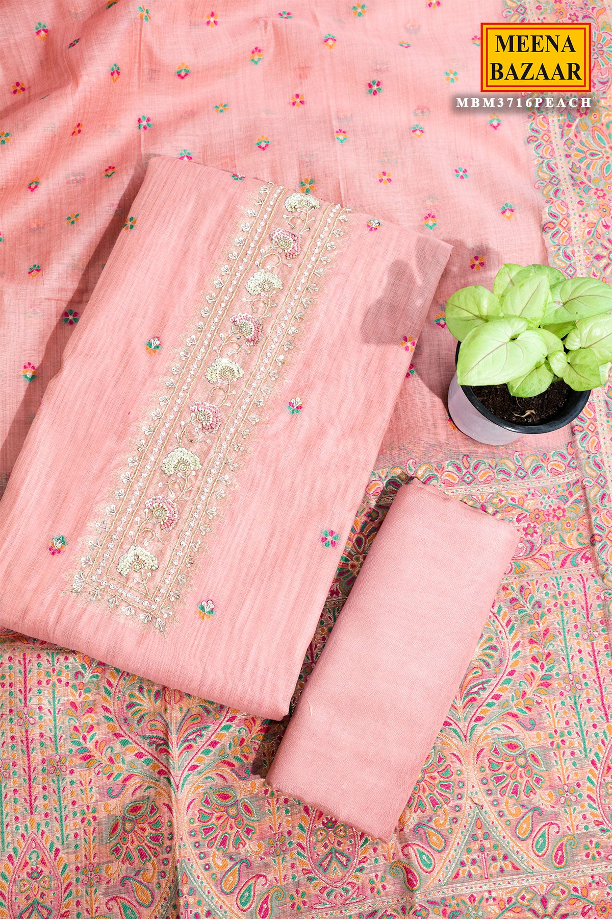 Graceful Peach Chanderi Embroidered Unstitched Suit