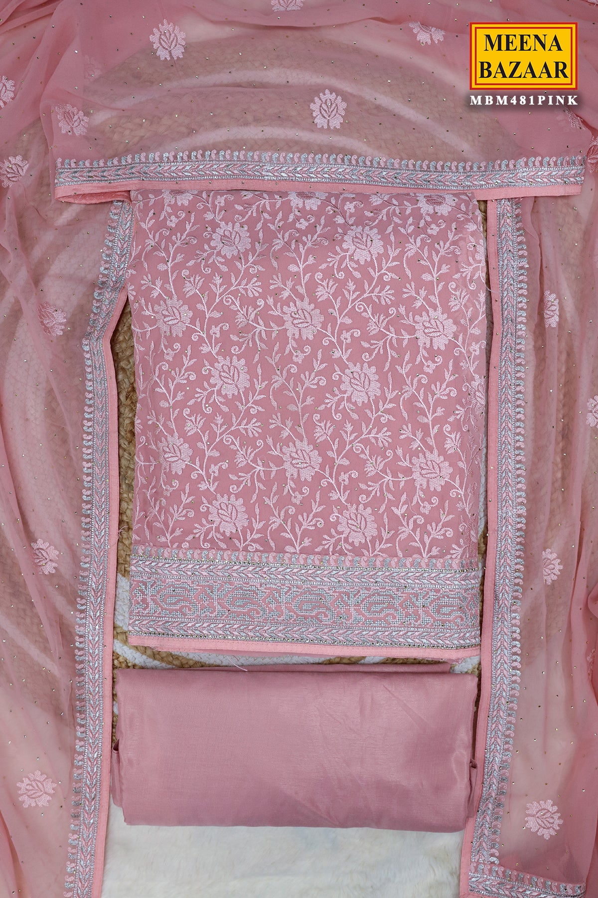 Pink Georgette Thread Embroidered Unstitched Suit