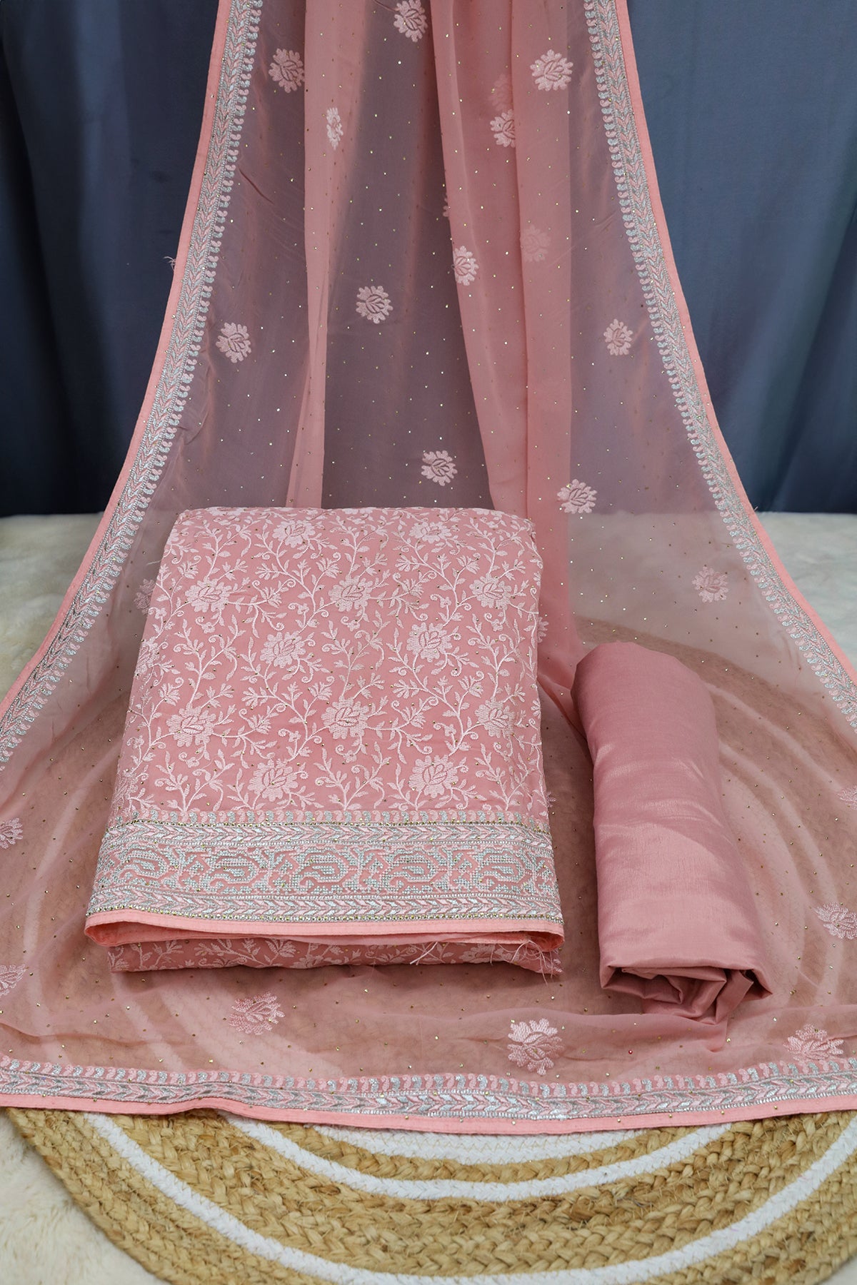 Pink Georgette Thread Embroidered Unstitched Suit