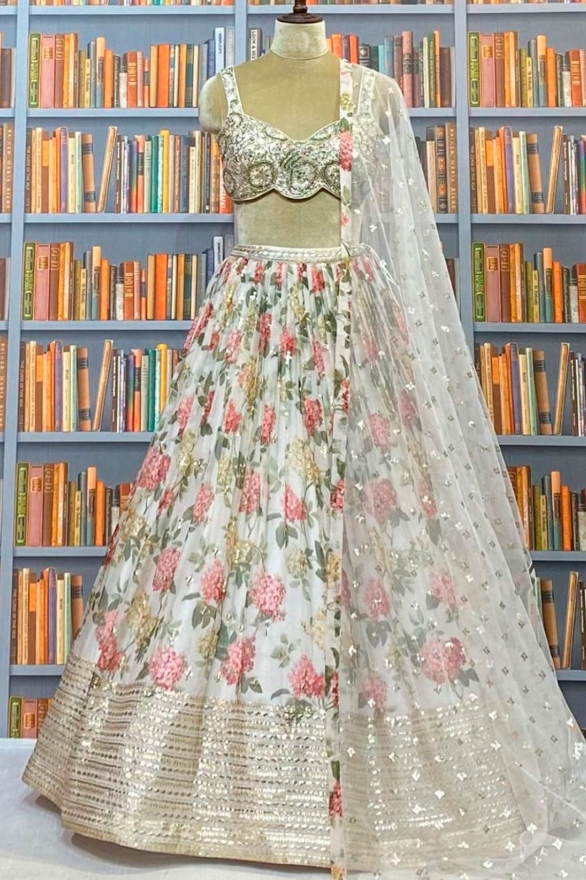 Cream Kora Organza Cut-dana, Sequin Embroidered Lehenga