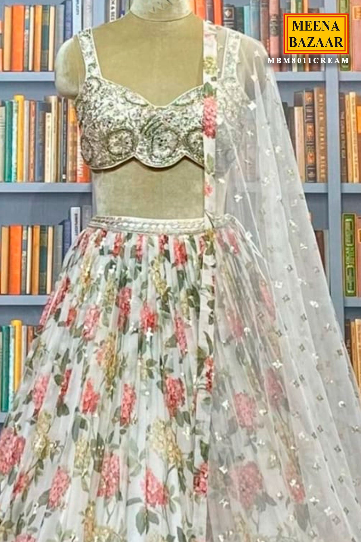 Cream Kora Organza Cut-dana, Sequin Embroidered Lehenga