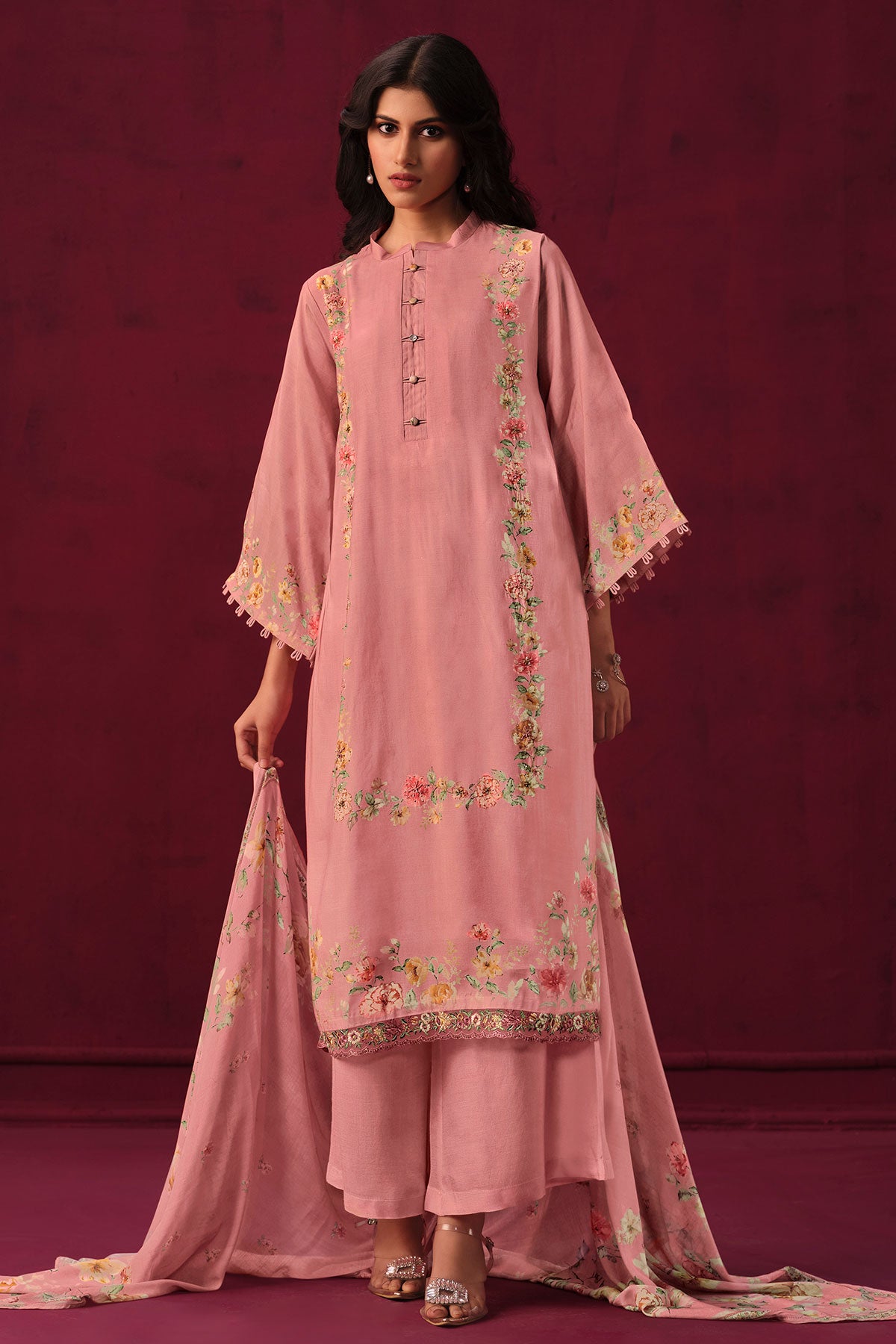 Pink Muslin Floral Printed Suit Set with Threadwork Embroidery