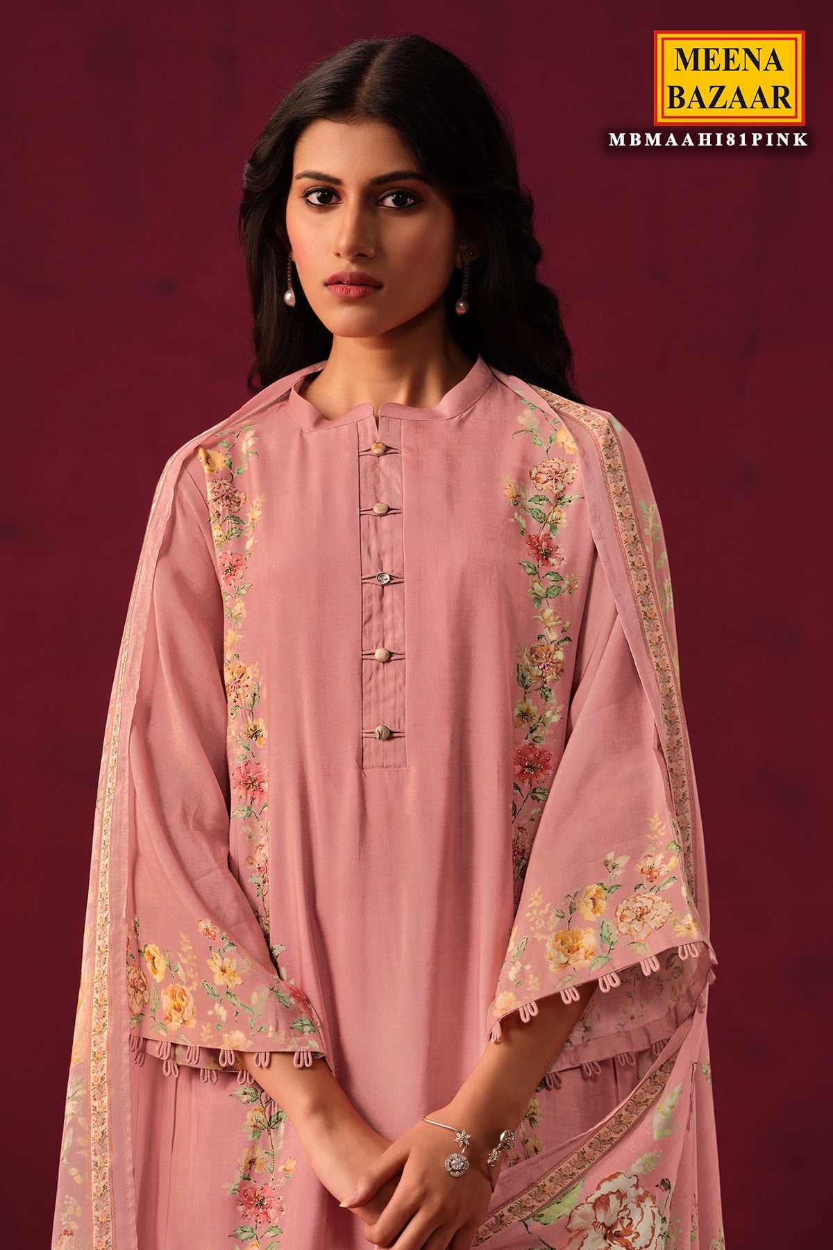 Pink Muslin Floral Printed Suit Set with Threadwork Embroidery