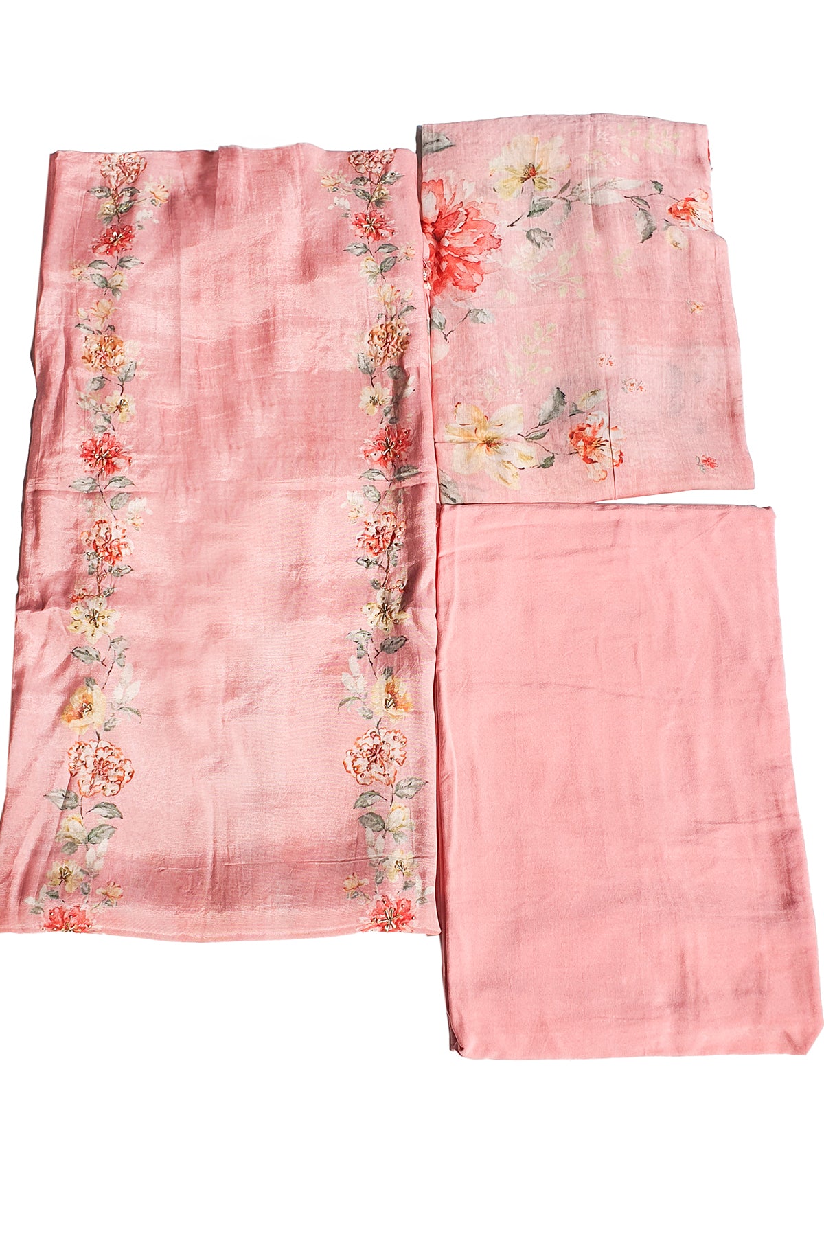 Pink Muslin Floral Printed Suit Set with Threadwork Embroidery