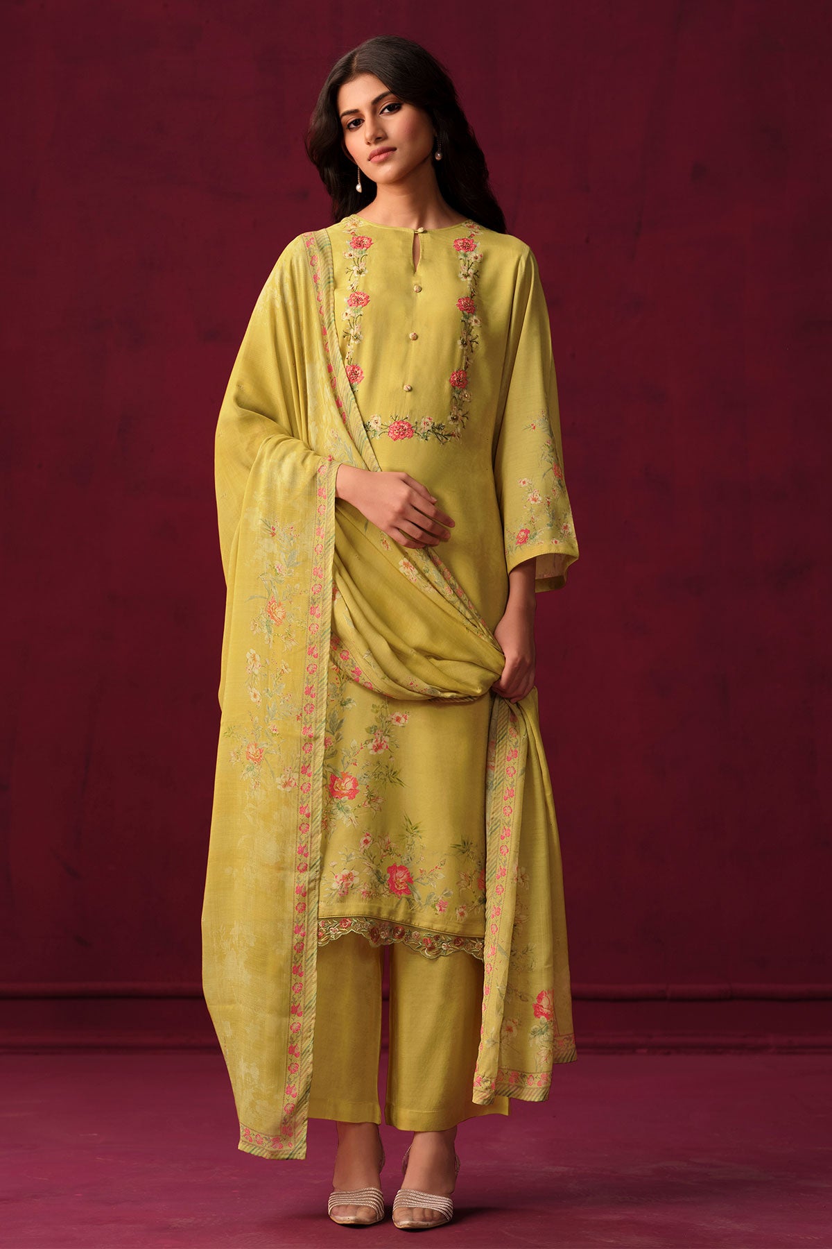 Mustard Muslin Floral Printed Suit Set with Threadwork Embroidery